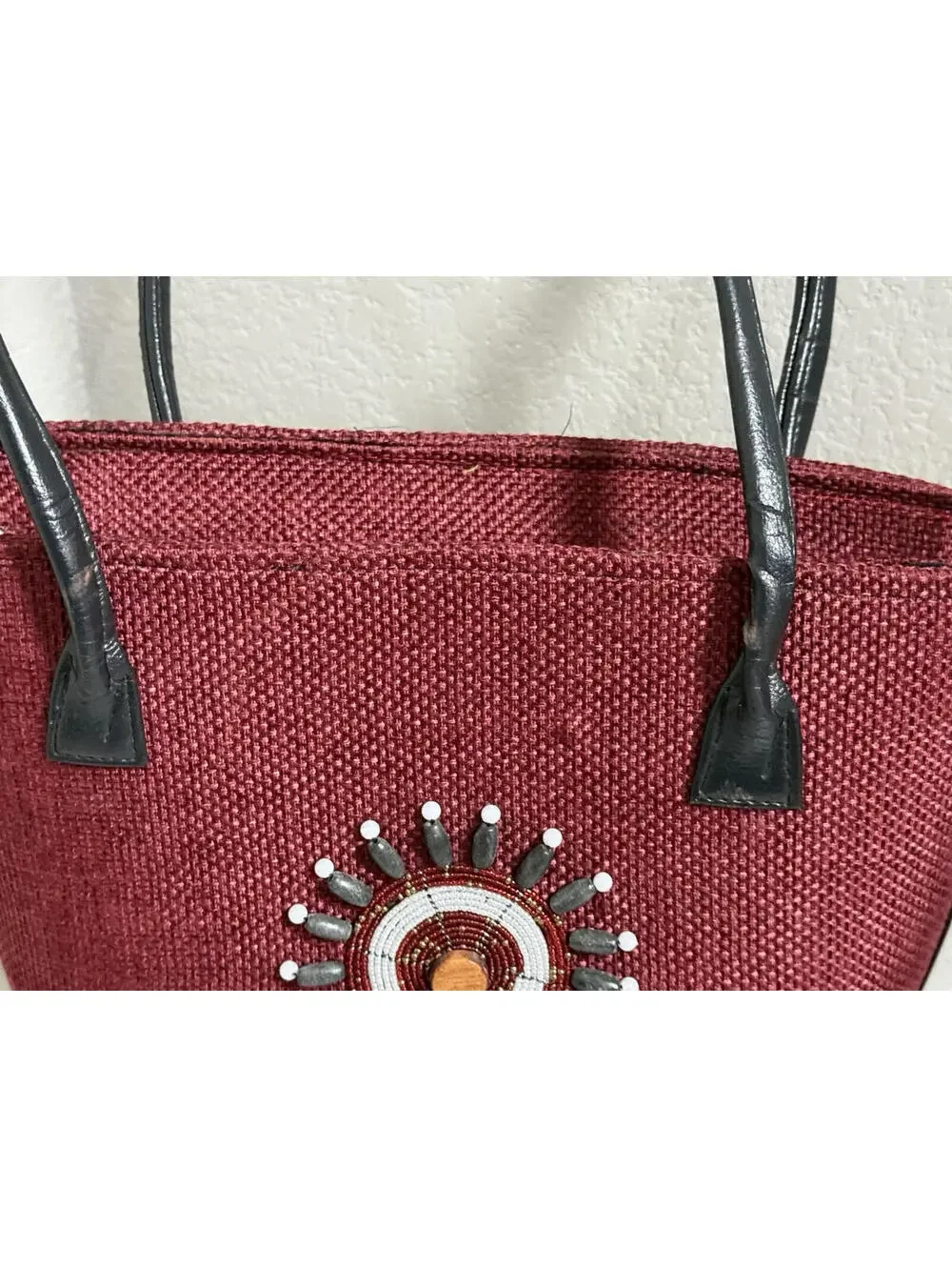 Unique Boho Beaded Jute Tote Bag Multicolor Leather Beach Resort Shoulder Purse